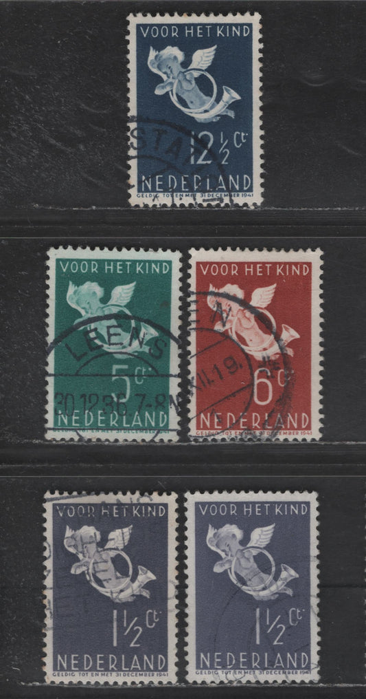 Lot 306 Netherlands SC#B90-B93 1.5c+1.5c - 12.5c+3.5c Lilac Gray - Indigo Cherub, 1936 Semi Postal Issue, 5 Very Fine Used Singles, Additional Shade Of 1.5c+1.5c