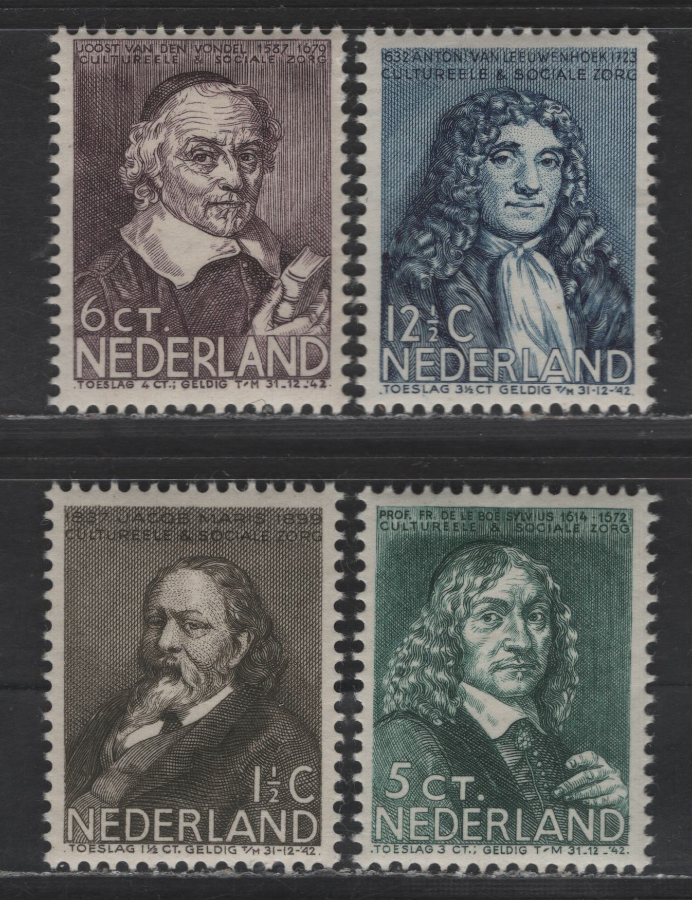 Lot 307 Netherlands SC#B94-B97 1.5c+1.5c - 12.5c+3.5c Black Brown - Dull Blue Jacob Maris - Anthony Van Leeuwenhoek, 1937 Semi Postal Issue, 4 VFOG Singles