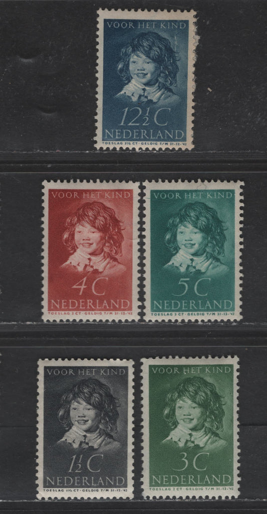 Lot 308 Netherlands SC#B98-B102 1.5c+1.5c - 12.5c+3.5c Black - DullBlue The Laughing Child, 1937 Semi Postal Issue, 5 VFOG Singles