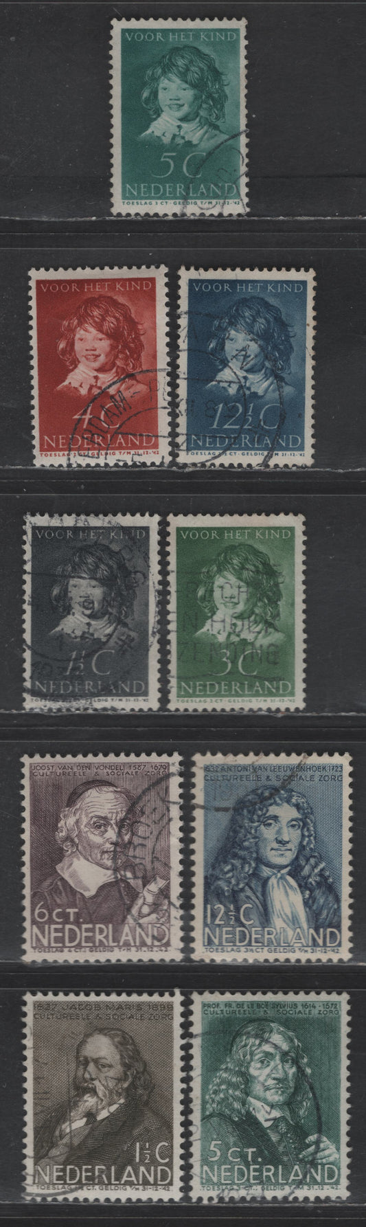 Lot 309 Netherlands SC#B94-B102 1.5c+1.5c - 12.5c+3.5c Black Brown - Dull Blue Jacob Marris - The Laughing Child, 1937 Semi Postal Issue, 9 Very Fine Used Singles