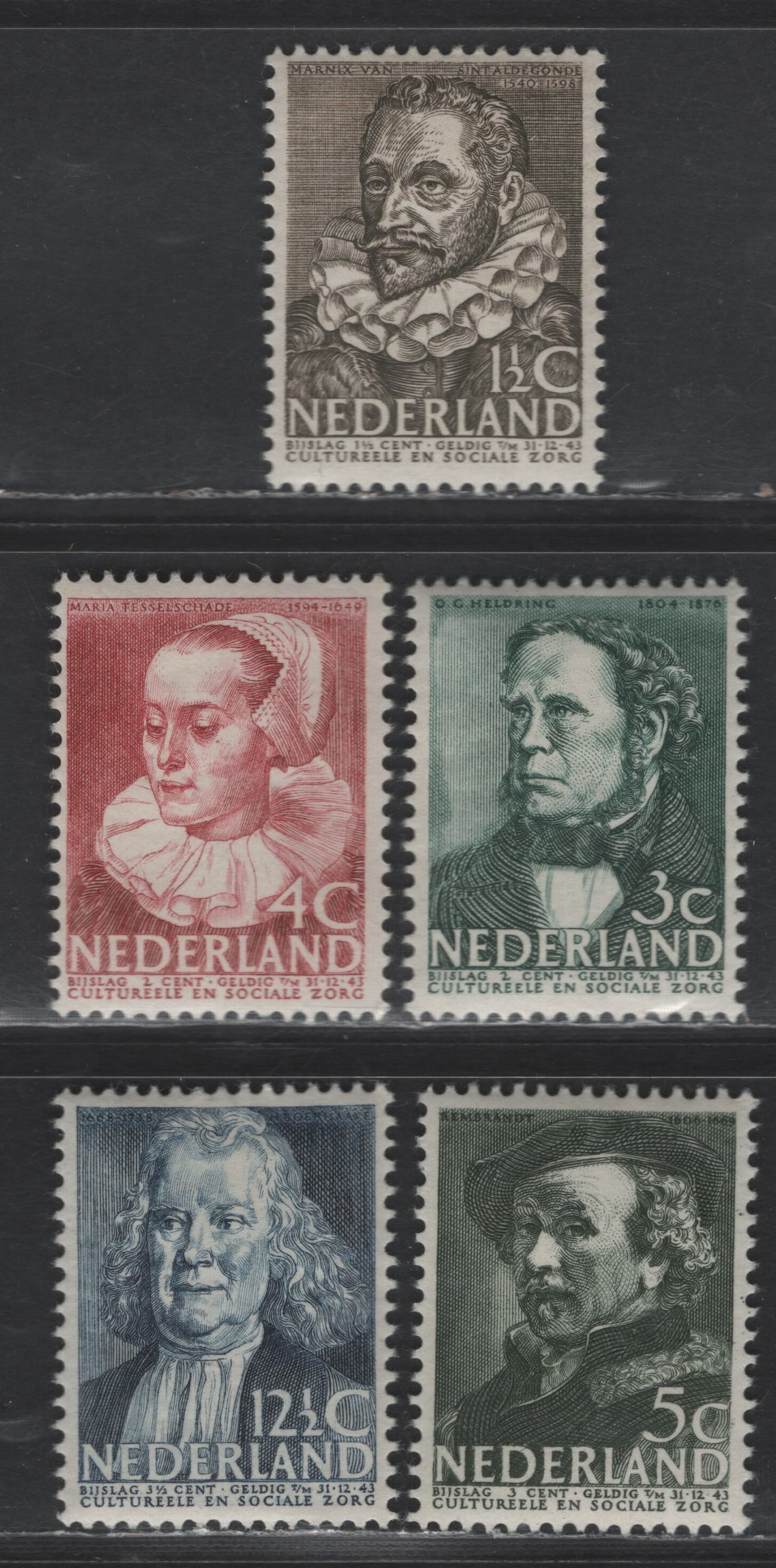 Lot 310 Netherlands SC#B103-B107 1.5c+1.5c - 12.5c+3.5c Sepia - Dull Blue Marnix van Sint Aldegonde - Harmenszoon Rembrant Van Rijn, 1938 Semi Postal Issue, 5 VFOG Singles