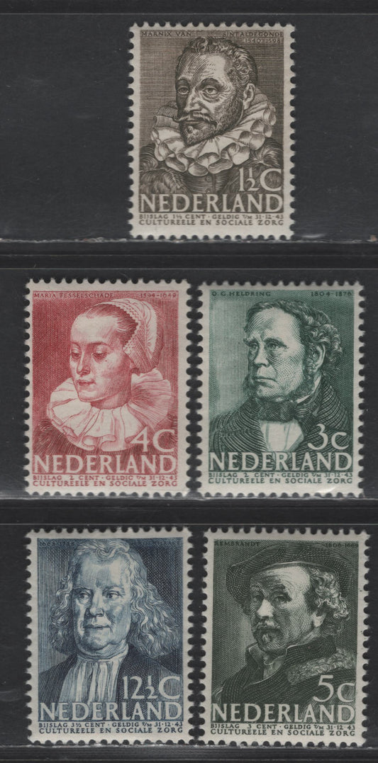 Lot 310 Netherlands SC#B103-B107 1.5c+1.5c - 12.5c+3.5c Sepia - Dull Blue Marnix van Sint Aldegonde - Harmenszoon Rembrant Van Rijn, 1938 Semi Postal Issue, 5 VFOG Singles