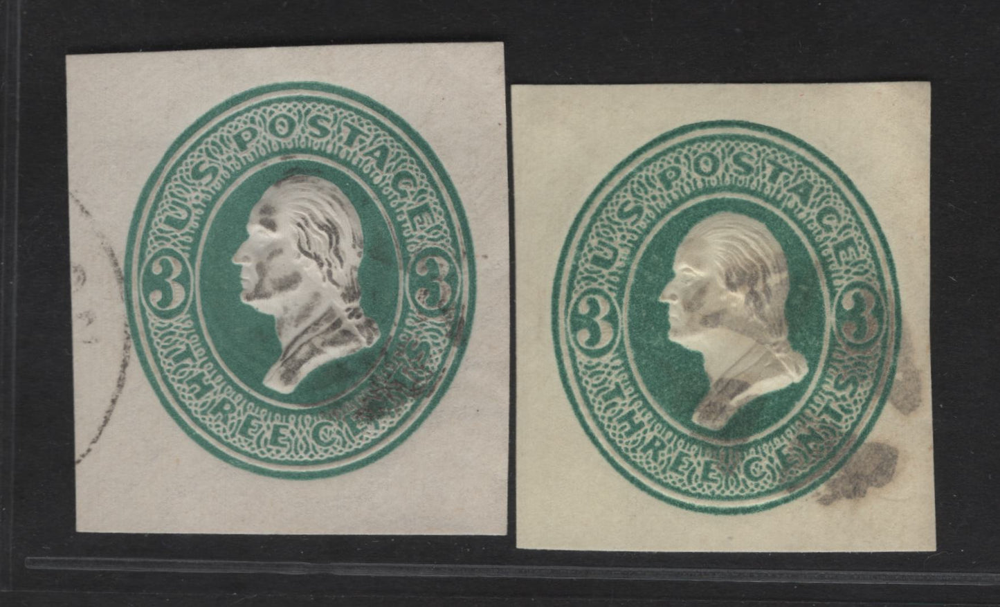 Lot 31 United States SC#U159-U160 3c Green Taylor, 1874-1886 Plimpton Issue, 2 Very Fine Used Singles, White & Amber Papers, Long, Thin 3's