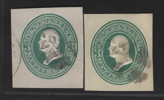Lot 31 United States SC#U159-U160 3c Green Taylor, 1874-1886 Plimpton Issue, 2 Very Fine Used Singles, White & Amber Papers, Long, Thin 3's