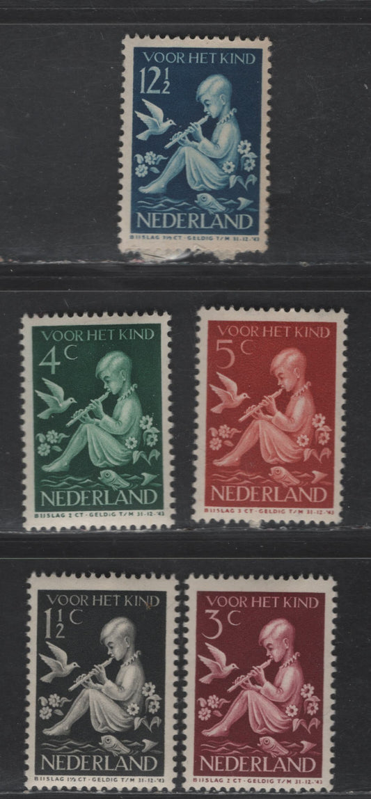 Lot 311 Netherlands SG#B108-B112 1.5c+1.5c - 12.5c+3.5c Black - Deep Blue Child With Flowers, 1938 Semi Postal Issue, 5 VFOG Singles