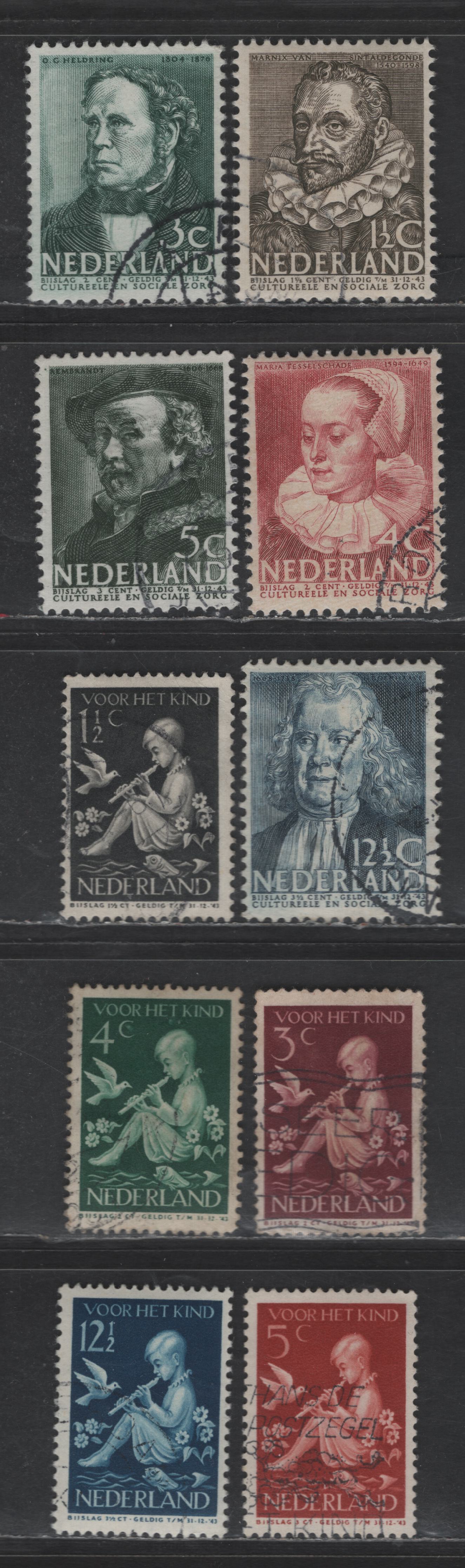 Lot 312 Netherlands SC#B103-B112 1.5c+1.5c - 12.5c+3.5c Seipa - Deep Blue Marnix van Sint Aldegonde - Child With Flowers, 1938 Semi Postal Issue, 10 Very Fine Used Singles