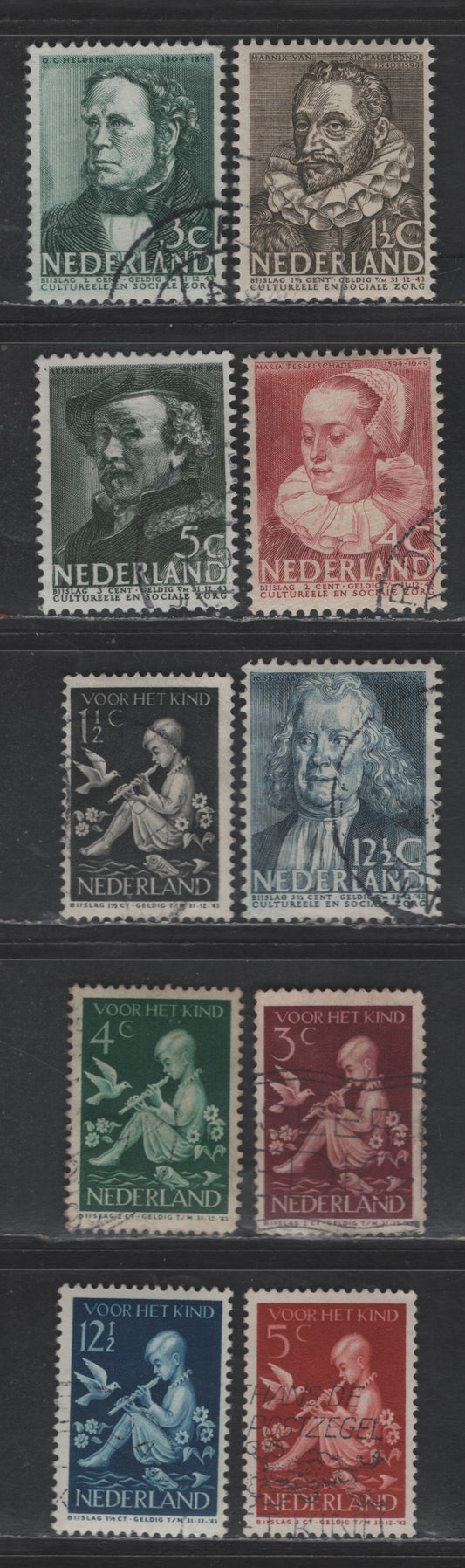 Lot 312 Netherlands SC#B103-B112 1.5c+1.5c - 12.5c+3.5c Seipa - Deep Blue Marnix van Sint Aldegonde - Child With Flowers, 1938 Semi Postal Issue, 10 Very Fine Used Singles