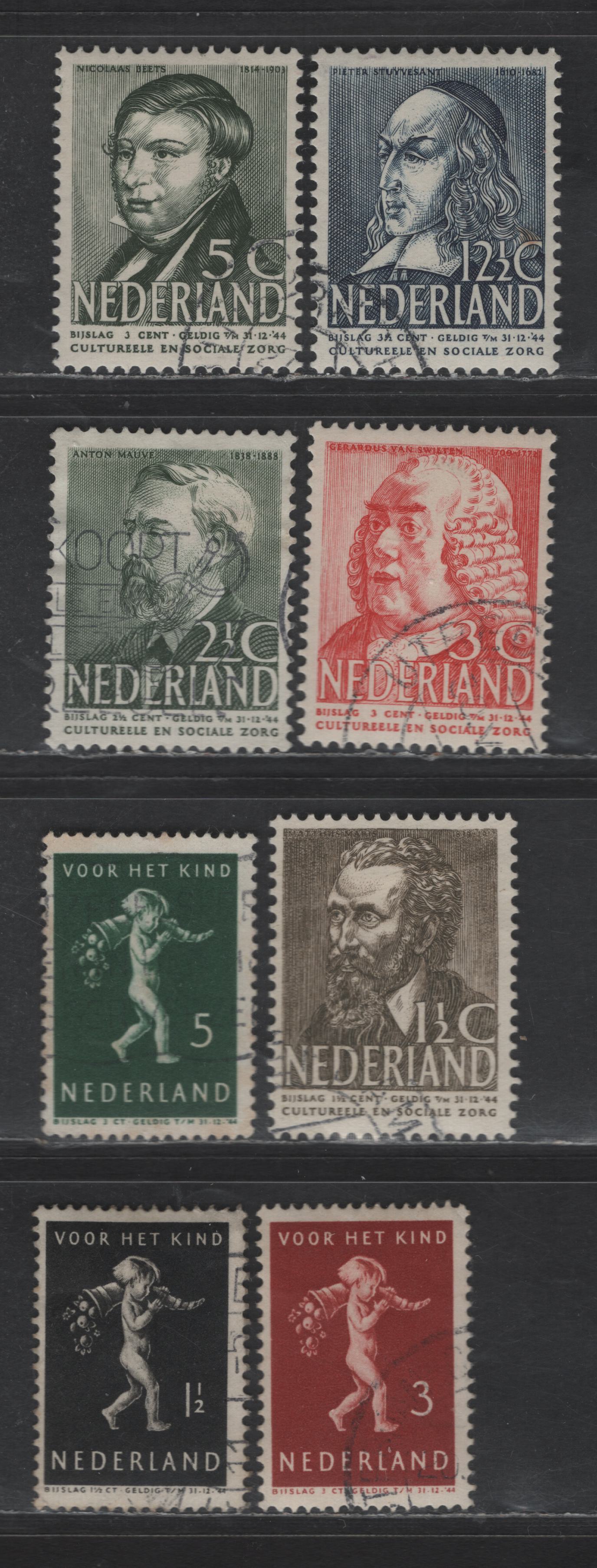 Lot 315 Netherlands SC#B113-B117, B118, B120-B121 1.5c+1.5c - 12.5c+3.5c Sepia - Dark Blue Matthijs Maris - Child Carrying Cornucopia, 1938 Semi Postal Issue, 8 Very Fine Used Singles
