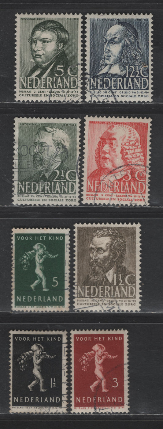 Lot 315 Netherlands SC#B113-B117, B118, B120-B121 1.5c+1.5c - 12.5c+3.5c Sepia - Dark Blue Matthijs Maris - Child Carrying Cornucopia, 1938 Semi Postal Issue, 8 Very Fine Used Singles