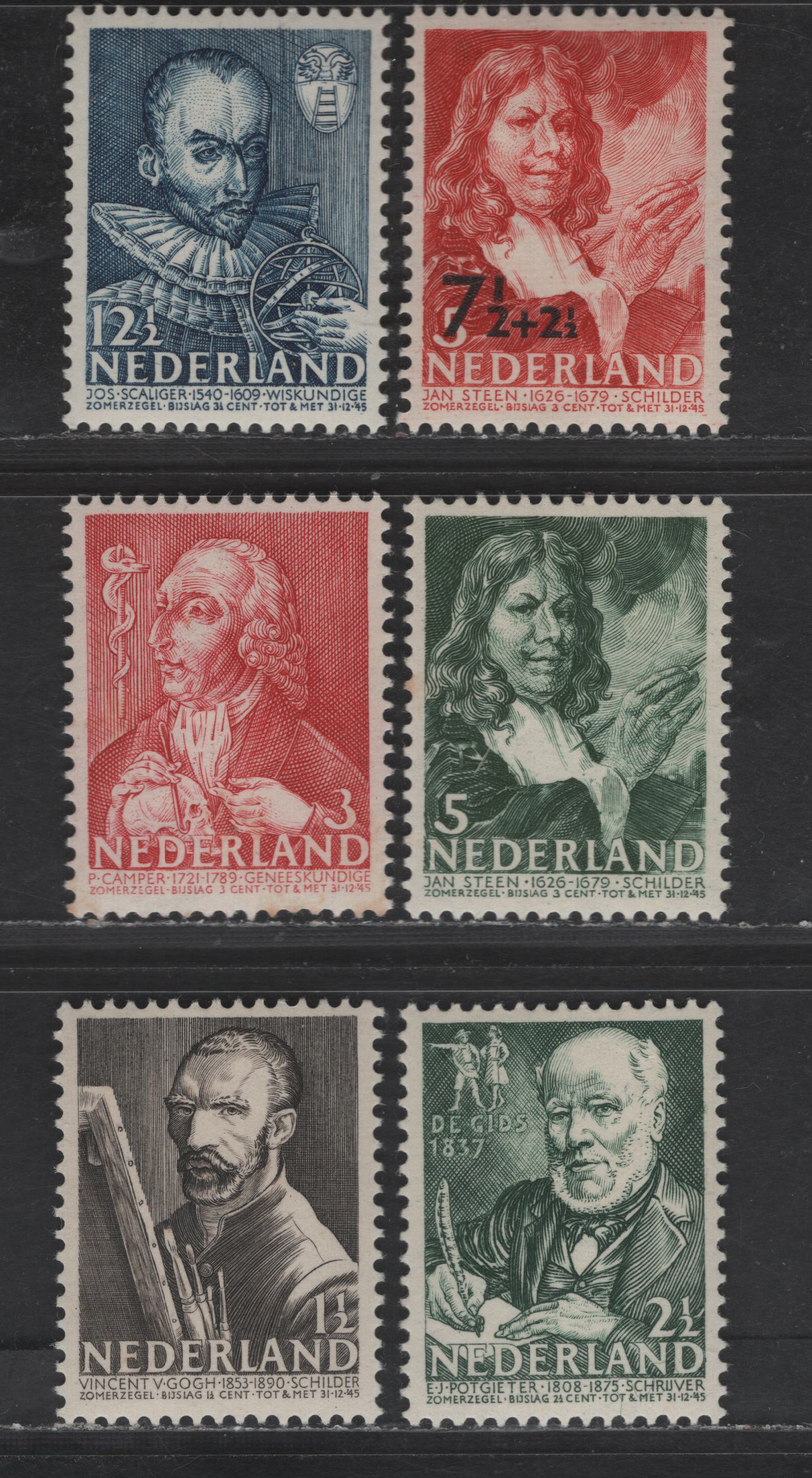 Lot 319 Netherlands SC#B123-B128 1.5c+1.5c - 12.5c+3.5c Brown Black - Deep Blue Vincent Van Gogh - Joseph Scaliger, 1940 Semi Postal Issue, 6 VFOG/NH Singles