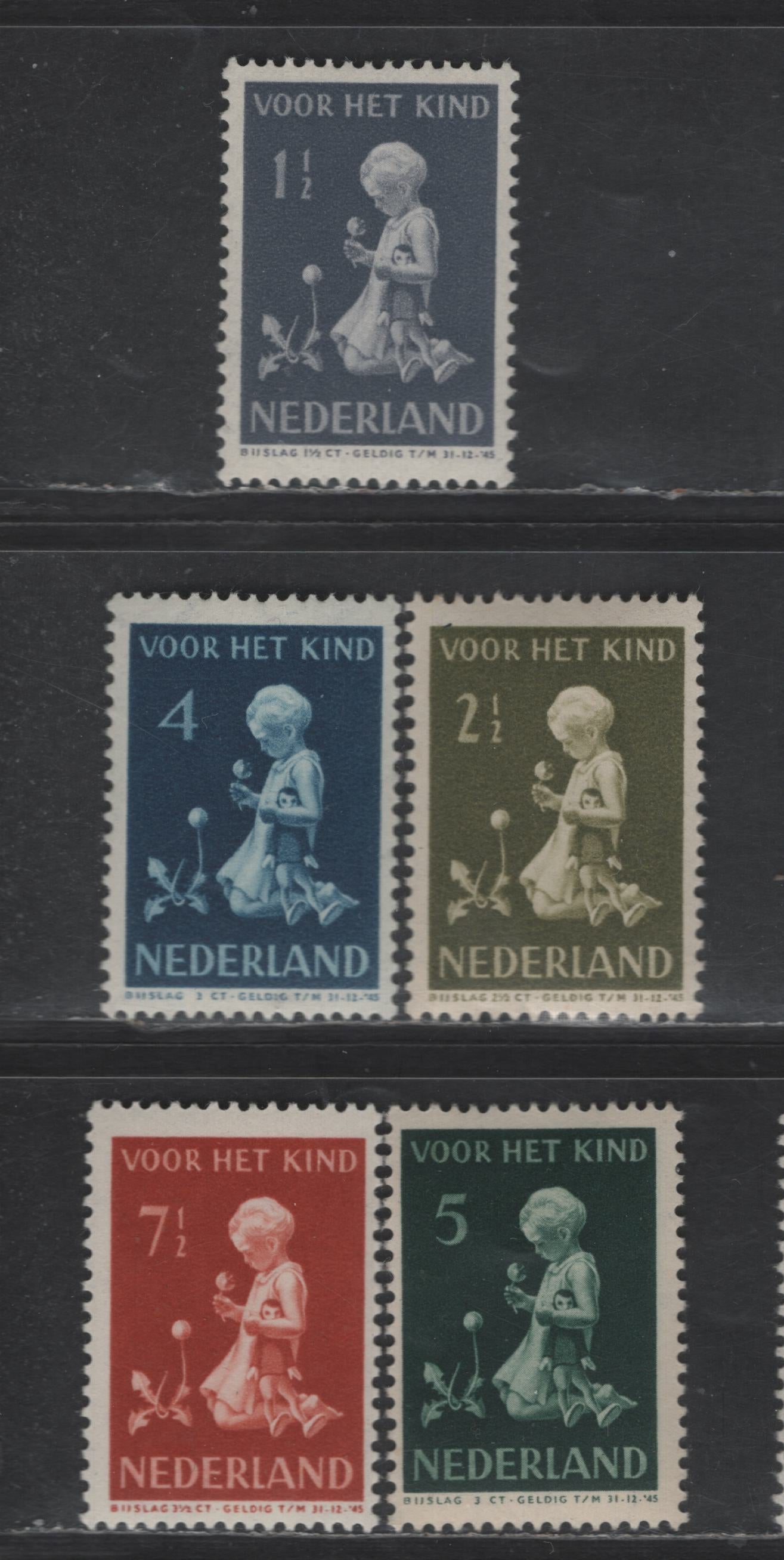 Lot 320 Netherlands SC#B129-B133 1.5c+1.5c - 7.5c+3.5c Dull Blue Gray - Henna Child With Flowers & Doll, 1940 Semi Postal Issue, 6 VFNH/OG Singles