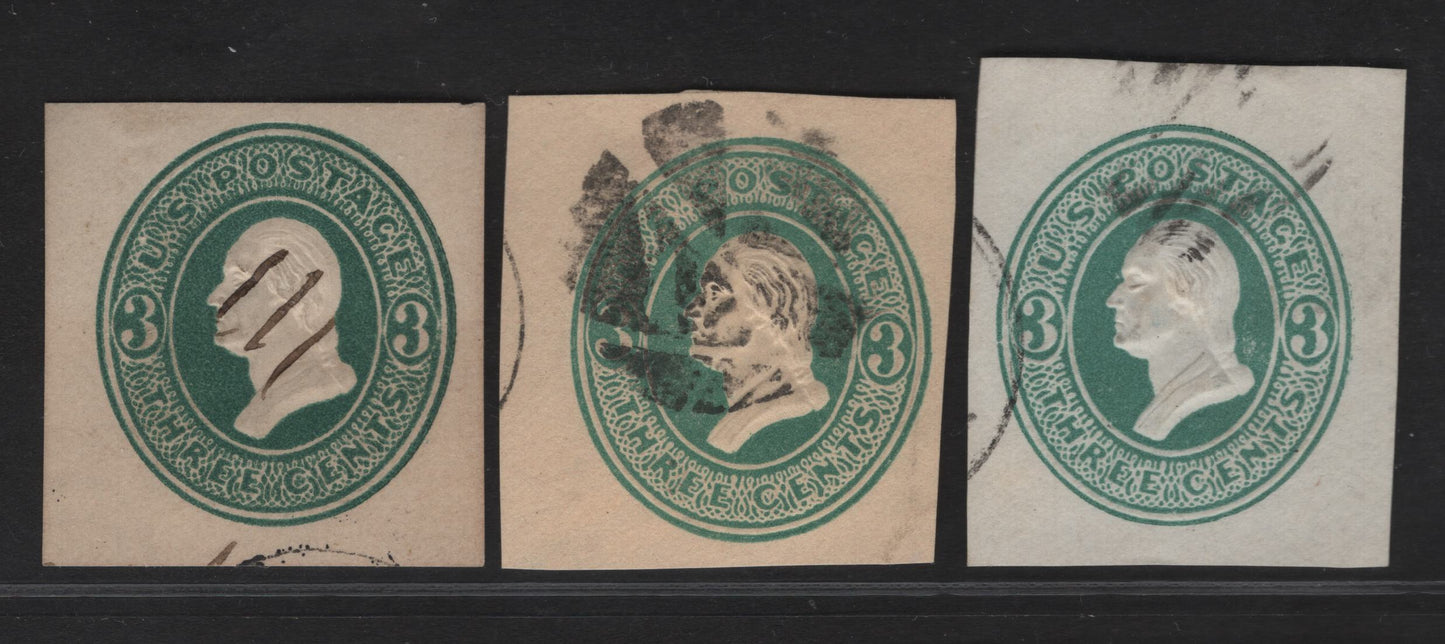 Lot 32 United States SC#U159, U161 3c Green & Dark Green Franklin, 1874-1886 Plimpton Issue, 3 Fine Used Singles, White & Cream Papers