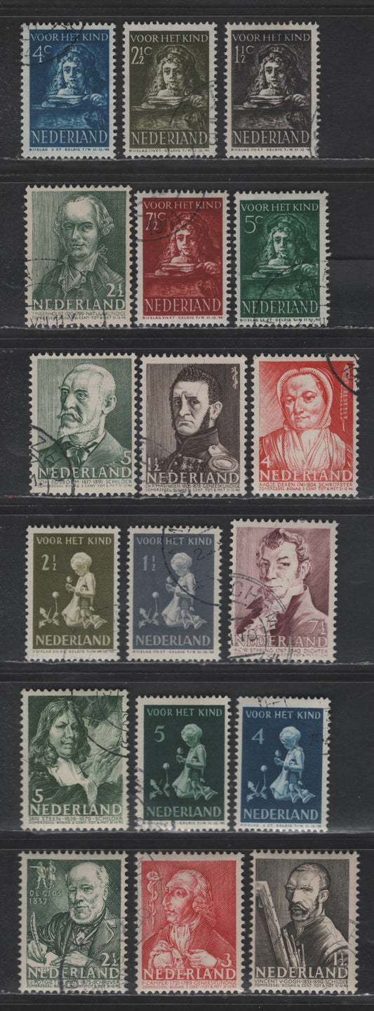 Lot 322 Netherlands SC#B123-B126, B129-B143 1.5c+1.5c - 7.5c+3.5c Brown Black - Deep Henna Brown Vincent Van Gogh - Rembrants Painting Of Titus, 1940-1941 Semi Postal Issue, 19 VFNH Singles