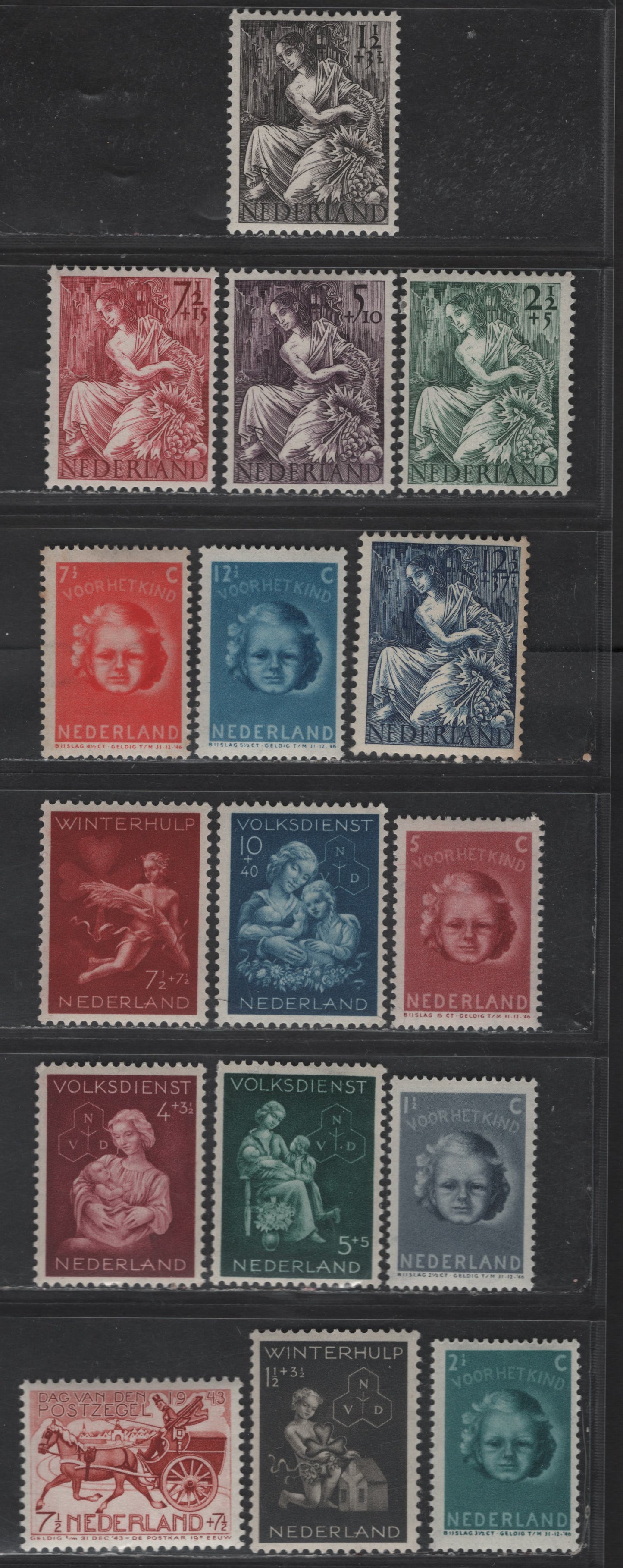 Lot 324 Netherlands SC#B148-B163 7.5c+7.5c - 12.5c+37.5c Henna Brown - Dark Blue 19th Centuary Mail Cart - Fortuna, 1943-1946 Semi Postal Issues, 16 VFNH/OG Singles