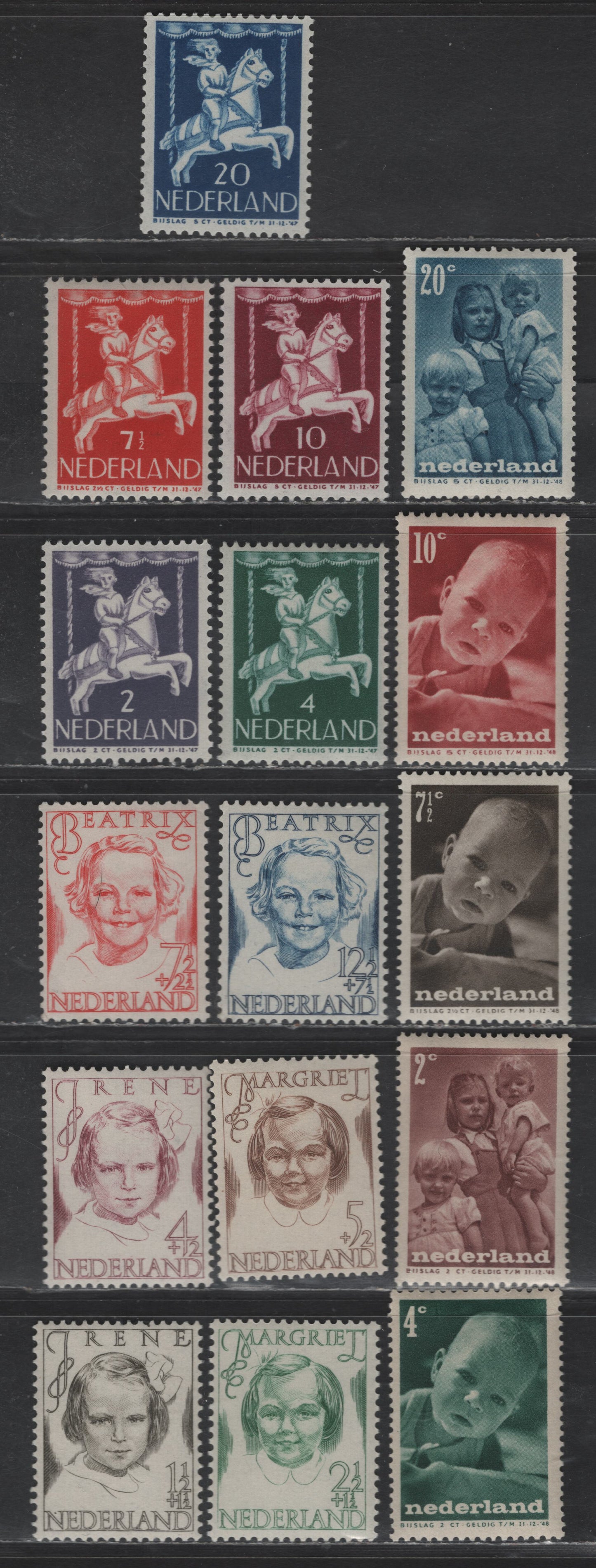 Lot 325 Netherlands SC#B164-B174, B180-B184 1.5c+1.5c - 20c+5c Black Brown - Blue Princess irene - Children, 1946-1947 Semi Postal Issues, 16 VFOG/NH Singles