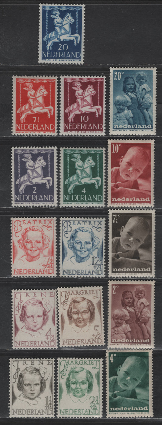 Lot 325 Netherlands SC#B164-B174, B180-B184 1.5c+1.5c - 20c+5c Black Brown - Blue Princess irene - Children, 1946-1947 Semi Postal Issues, 16 VFOG/NH Singles