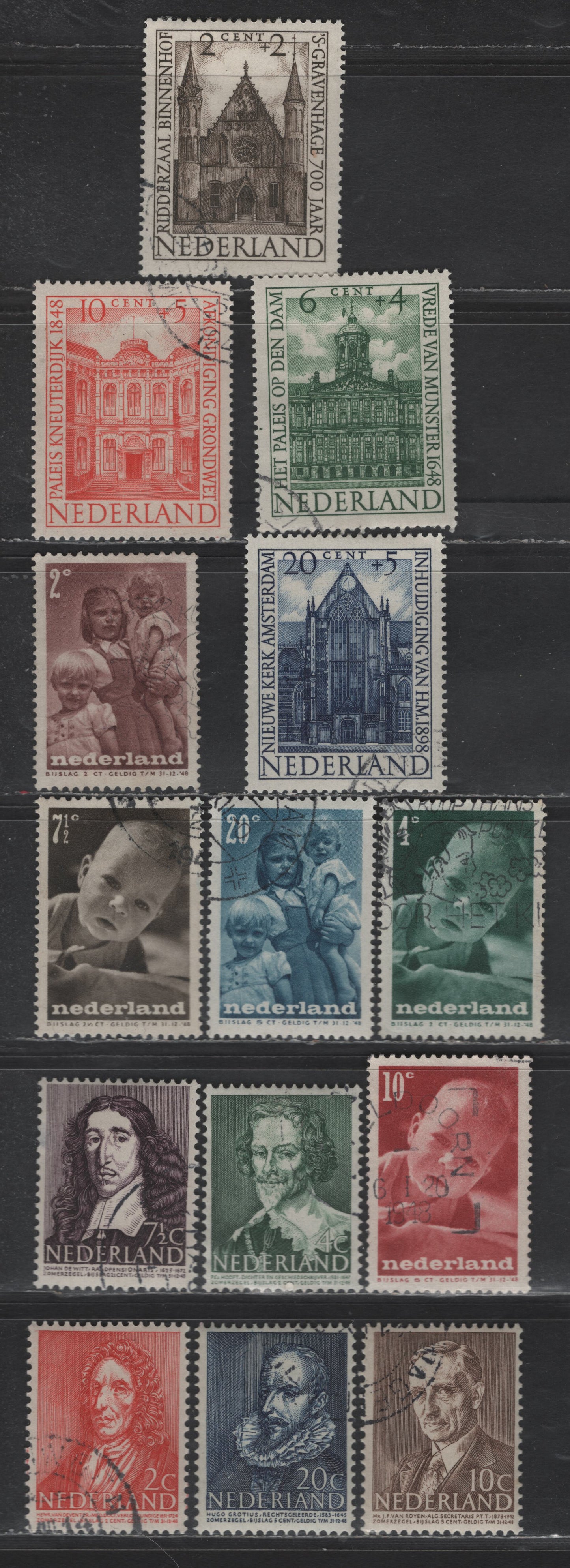 Lot 327 Netherlands SC#B175-B188 2c+2c - 20c+5c Dark Red - Deep Blue Dr Hendrik van Deventer - New Church, 1947-1948 Semi Postal Issues, 14 Very Fine Used Singles
