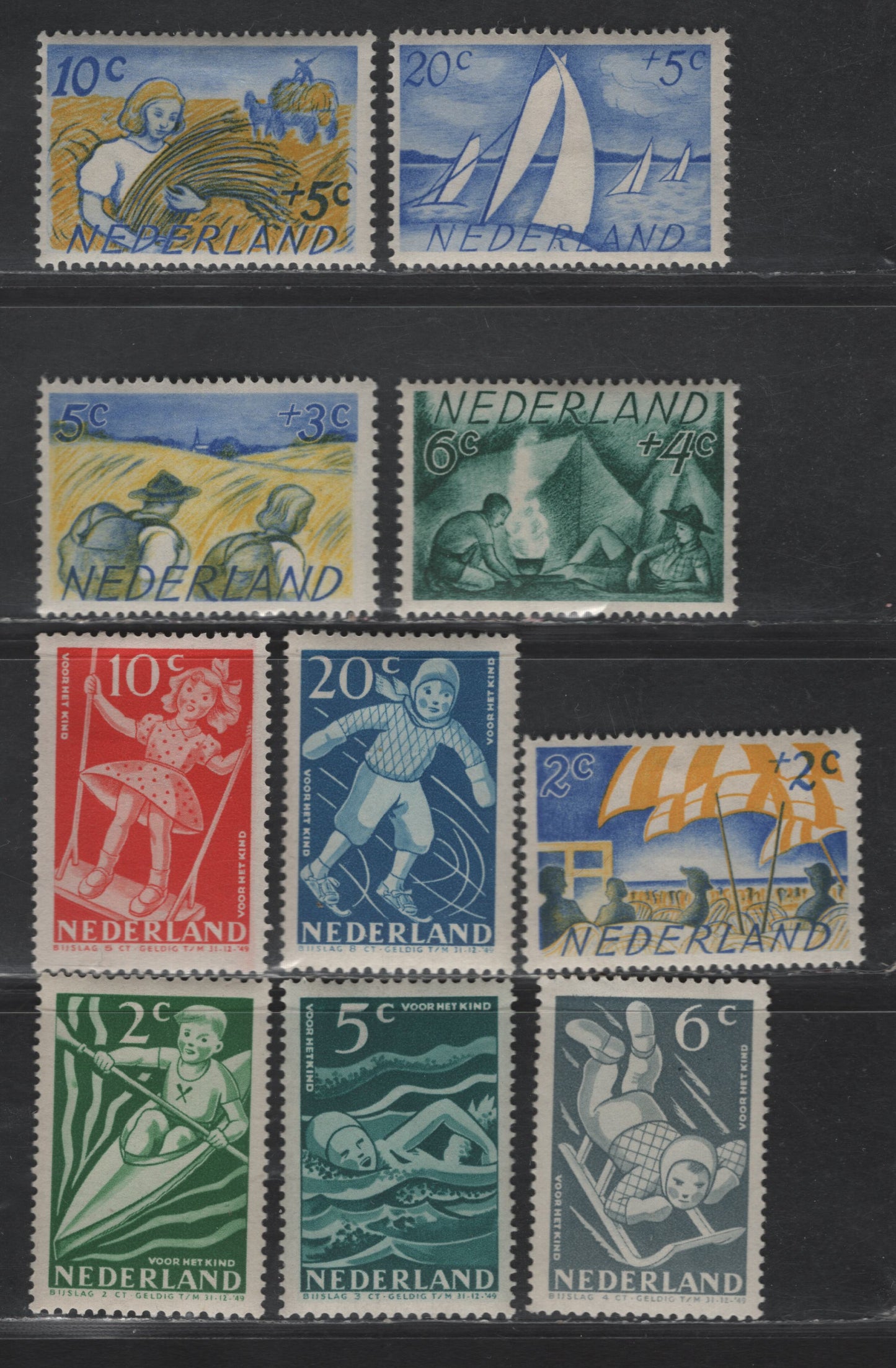 Lot 328 Netherlands SC#B189-B198 2c+2c - 20c+5c Yellow Green - Blue Boy In Kayak - Sailboats, 1948-1949 Semi Postal Issues, 10 VFOG Singles