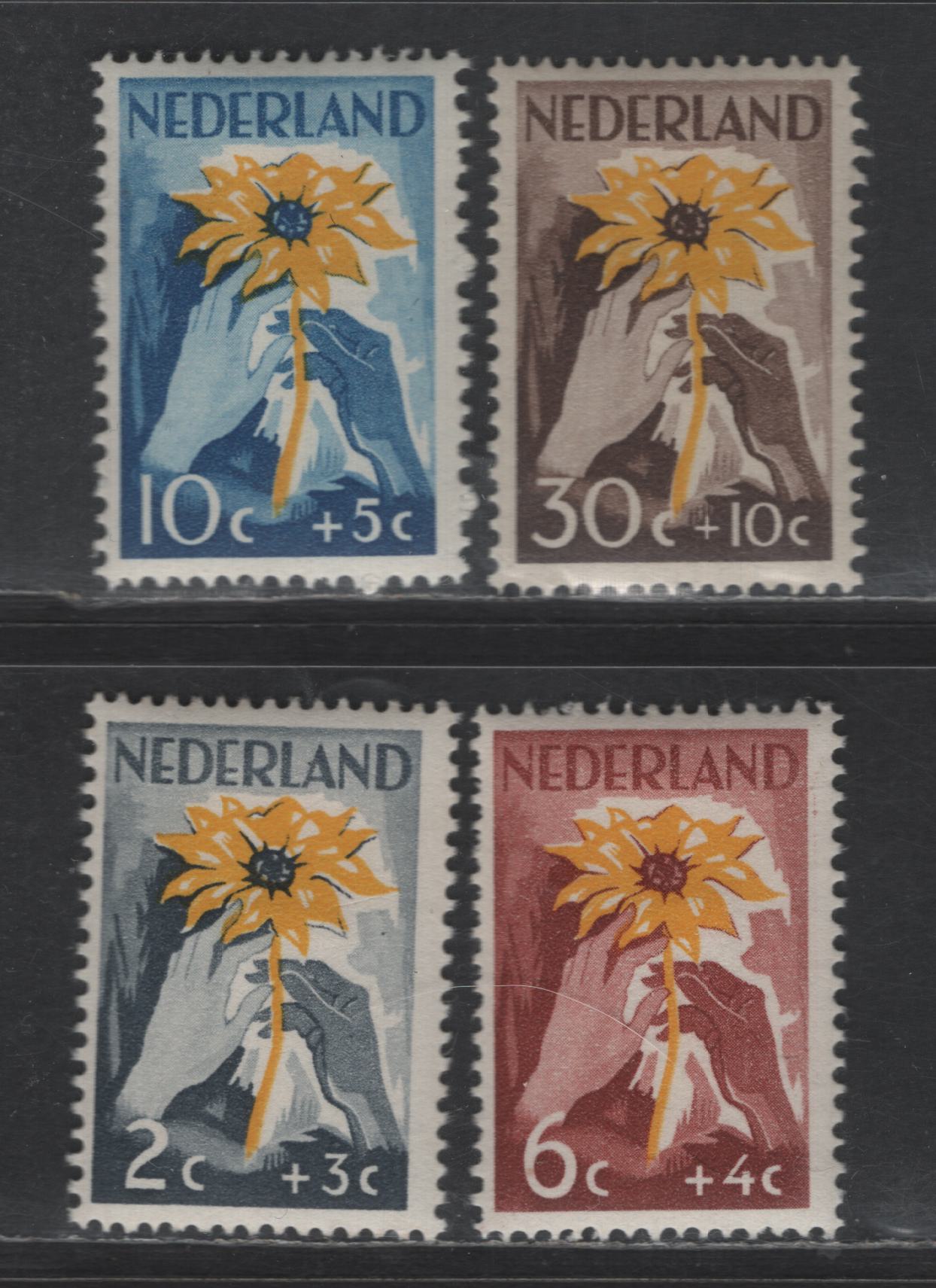 Lot 329 Netherlands SC#B199-B202 2c+3c - 30c+10c Gray - Dark Brown Hands Reaching For Sunflower, 1949 Semi Postal Issue, 4 VFOG Singles