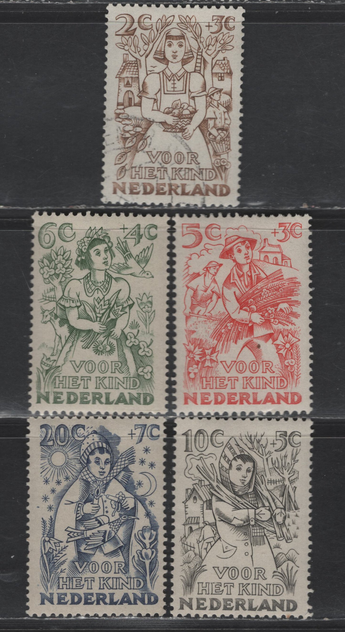 Lot 330 Netherlands SC#B203-B207 2c+3c - 20c+7c Brown - Blue Autumn - New Years, 1949 Semi Postal Issue, 5 VFOG/MH Singles