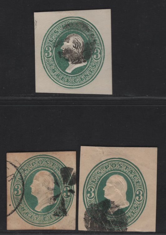 Lot 33 United States SC#U159, U161 3c Green Franklin, 1874-1886 Plimpton Issue, 3 Fine Used Singles, White & Cream Papers, Long, Thin 3's