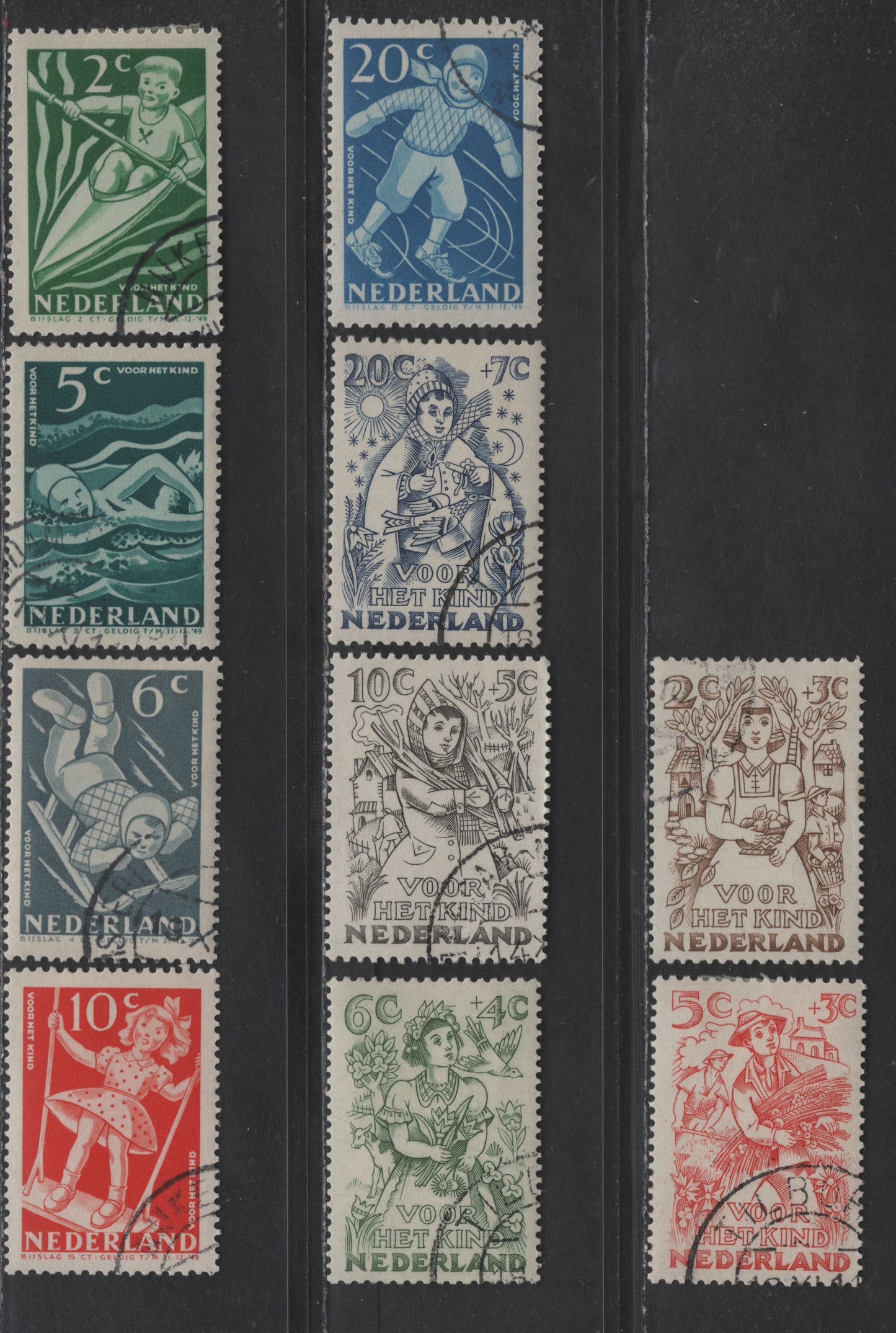 Lot 331 Netherlands SC#B189-B193, B203-B207 2c+2c -20c+7c Yellow Green - Blue Boy In Kayak - New Years, 1948-1949 Semi Postal Issues, 10 Very Fine Used Singles