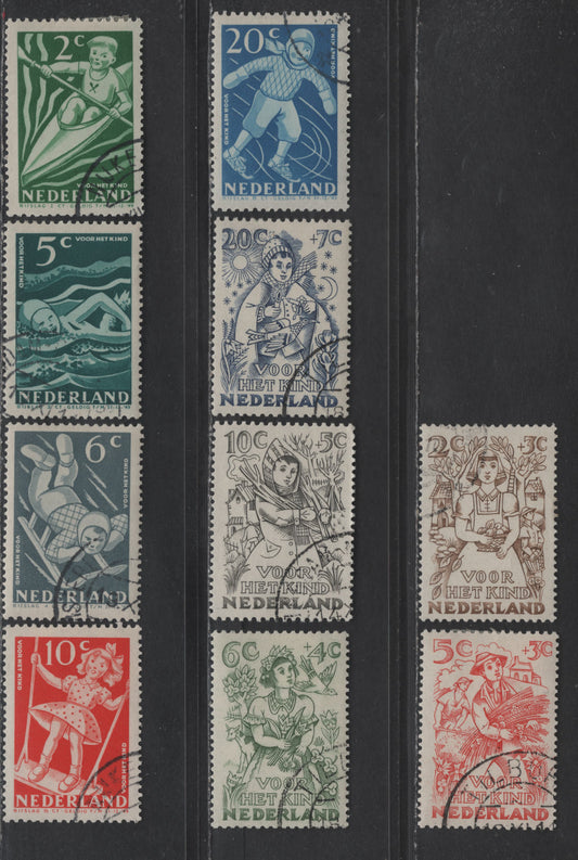 Lot 331 Netherlands SC#B189-B193, B203-B207 2c+2c -20c+7c Yellow Green - Blue Boy In Kayak - New Years, 1948-1949 Semi Postal Issues, 10 Very Fine Used Singles