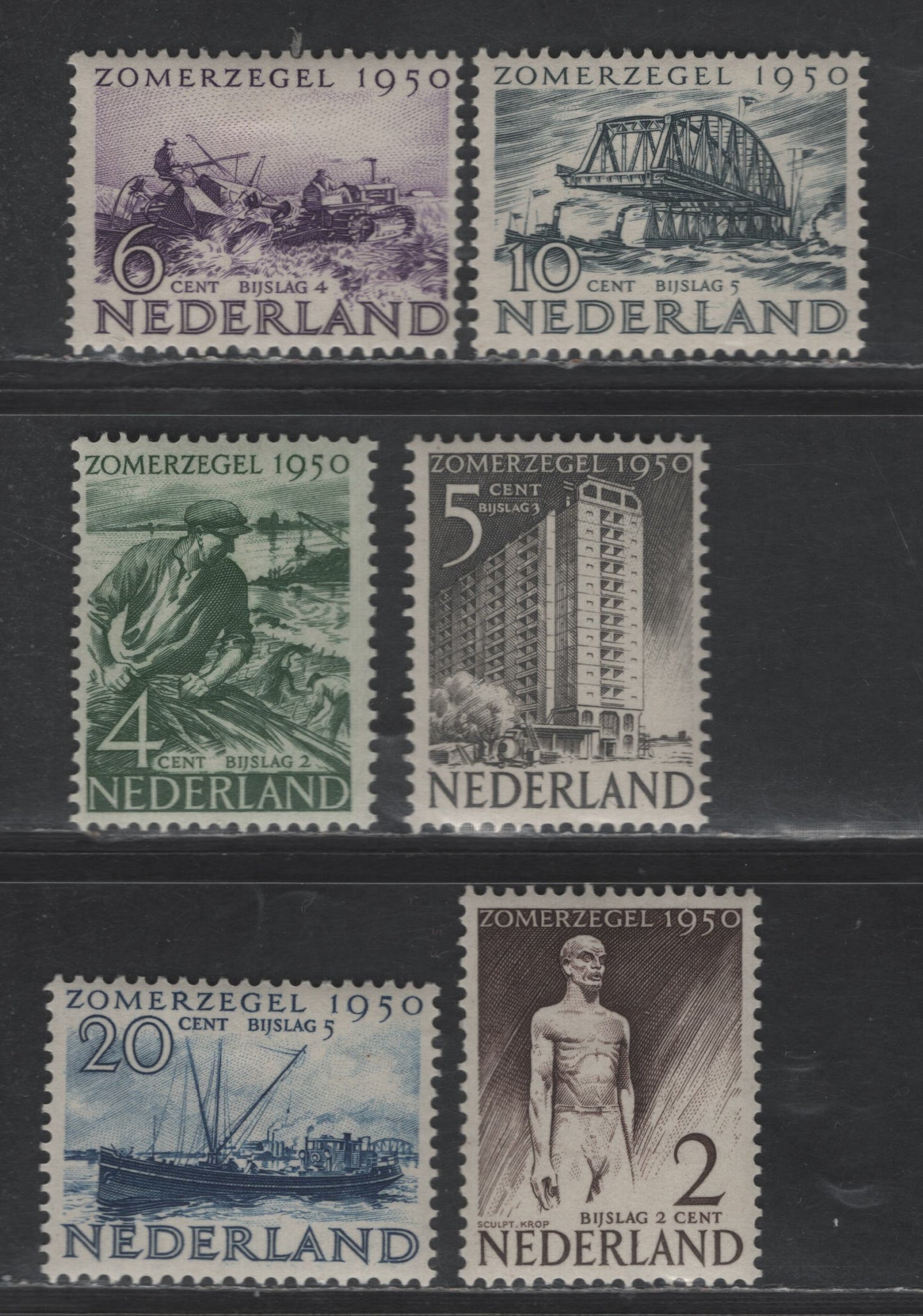 Lot 332 Netherlands SC#B208-B213 2c+2c - 20c+5c Dark Brown - Deep Blue Figure From PPT Monument - Grain Binder, 1950 Semi Postal Issue, 6 VFOG Singles