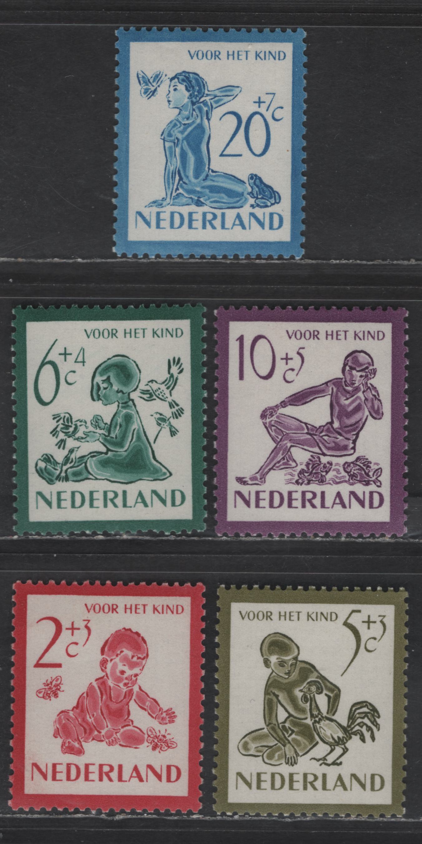 Lot 335 Netherlands SC#B219-B223 2c+3c - 20c+7c Carmine - Blue Baby & Bees - Girl,Butterfly & Toad, 1950 Semi Postal Issue, 5 VFNH Singles