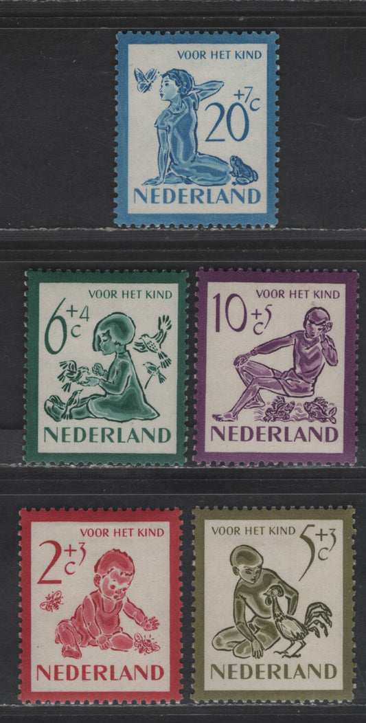 Lot 336 Netherlands SC#B219-B223 2c+3c - 20c+7c Carmine - Blue Baby & Bees - Girl,Butterfly & Toad, 1950 Semi Postal Issue, 5 VFOG Singles