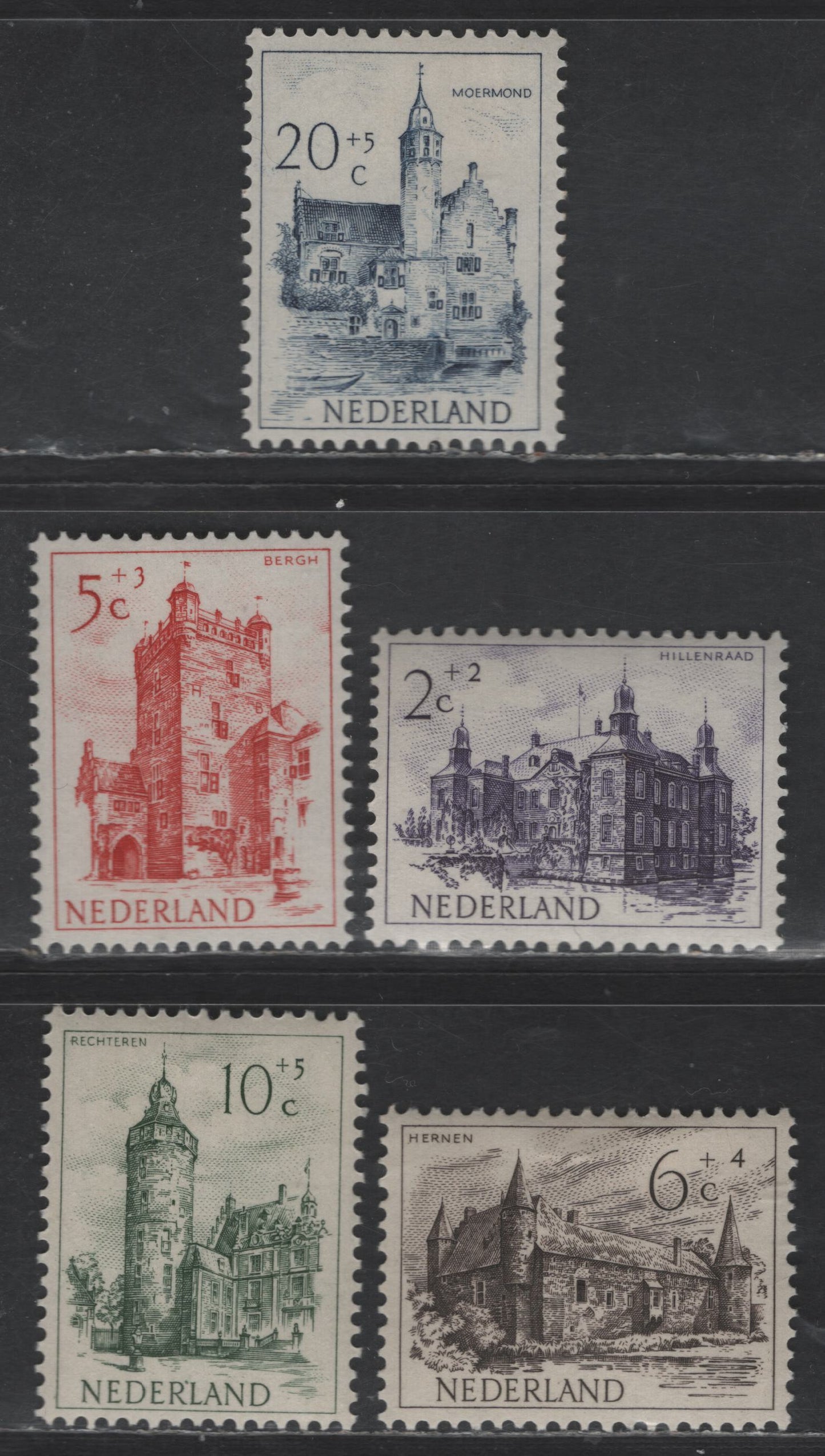 Lot 337 Netherlands SC#B224-B228 2c+2c - 20c+5c Purple - Deep Blue Hillenraad Castle - Bergh Castle, 1951 Semi Postal Issue, 5 VFOG Singles
