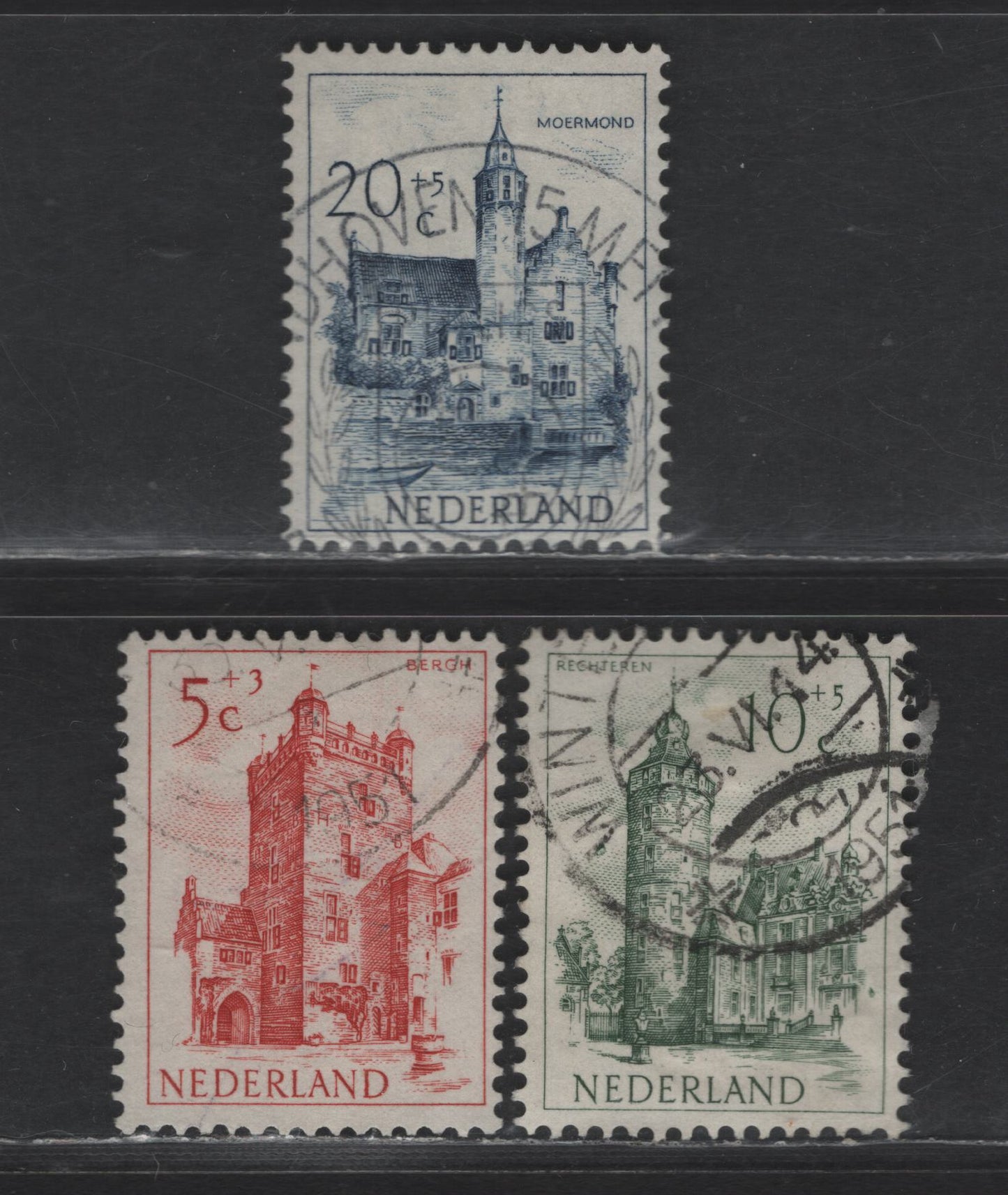 Lot 338 Netherlands SC#B225, B227-B228 5c+3c - 20c+5c Dark Red - Deep Blue Bergh Castle, 1951 Semi Postal Issue, 3 Very Fine Used Singles