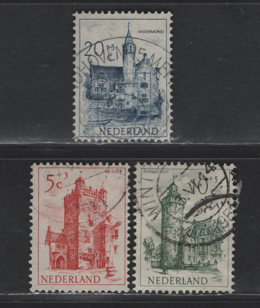 Lot 338 Netherlands SC#B225, B227-B228 5c+3c - 20c+5c Dark Red - Deep Blue Bergh Castle, 1951 Semi Postal Issue, 3 Very Fine Used Singles