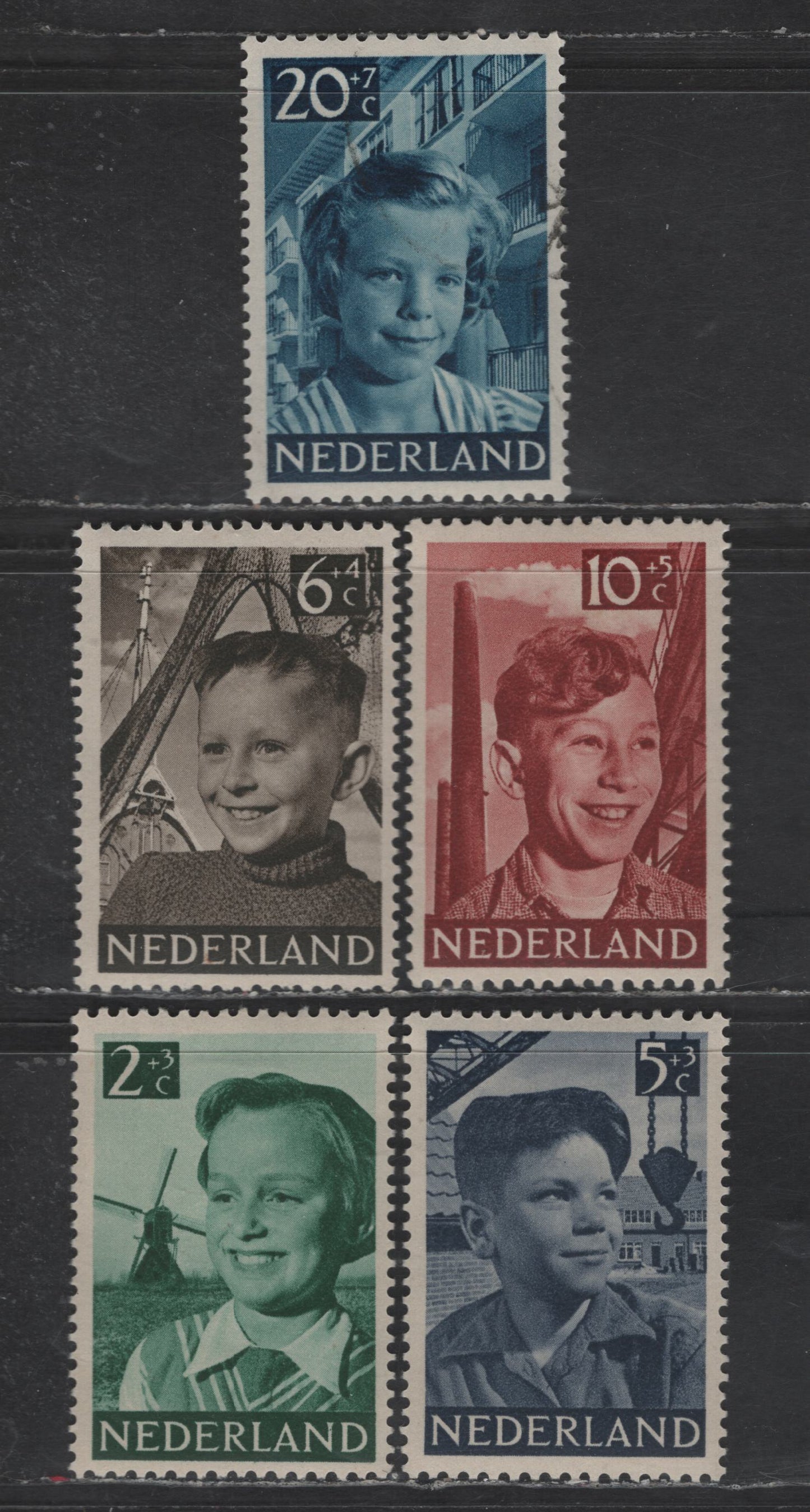 Lot 339 Netherlands SC#B229-B233 2c+3c - 20c-7c Deep Green - Deep Blue Girl & Windmill - Girl & Apartment House, 1951 Semi Postal Issue, 5 VFOG Singles