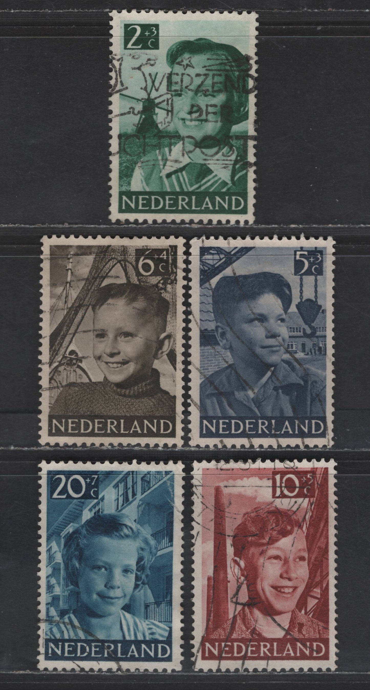 Lot 340 Netherlands SC#B229-B233 2c+3c - 20c-7c Deep Green - Deep Blue Girl & Windmill - Girl & Apartment House, 1951 Semi Postal Issue, 5 Very Fine Used Singles
