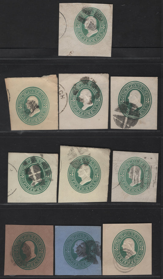 Lot 34 United States SC#U163-U167 3c Green Franklin, 1874-1886 Plimpton Issue, 12 Very Fine Used Singles, White, Amber, Cream, Blue & Fawn Papers, Thicker 3's With 4 Shades Of Green, 3 Shades Of The Amber