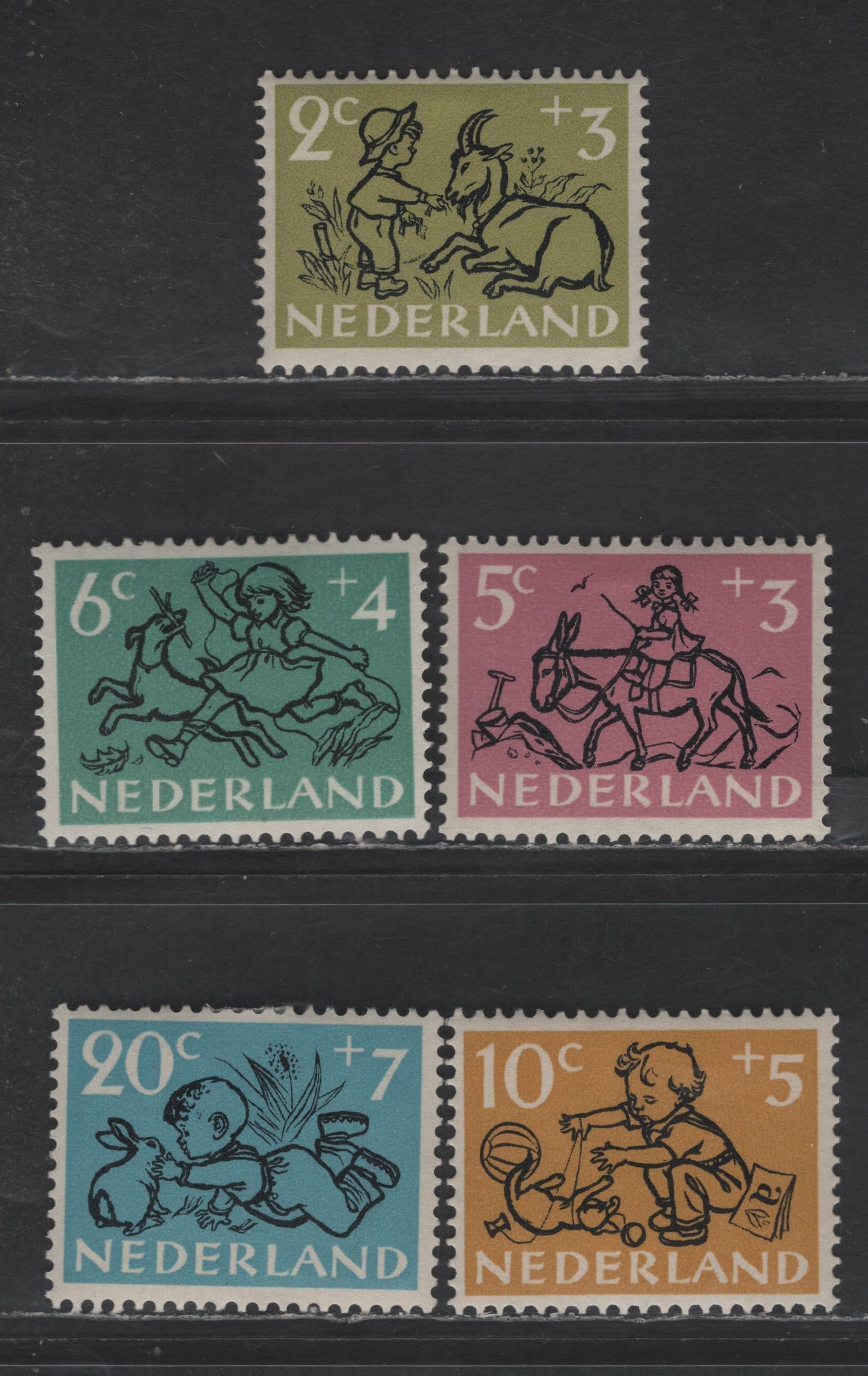 Lot 344 Netherlands SC#B243-B247 2c+3c - 20c+7c Olive - Blue Girl & Dog - Boy & Rabbit, 1952 Semi Postal Issue, 5 VFOG Singles