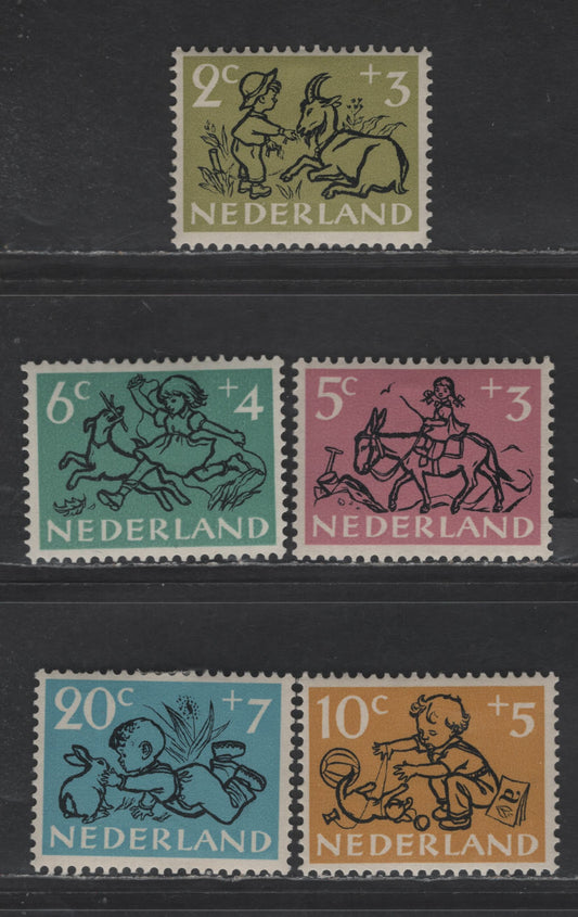 Lot 344 Netherlands SC#B243-B247 2c+3c - 20c+7c Olive - Blue Girl & Dog - Boy & Rabbit, 1952 Semi Postal Issue, 5 VFOG Singles