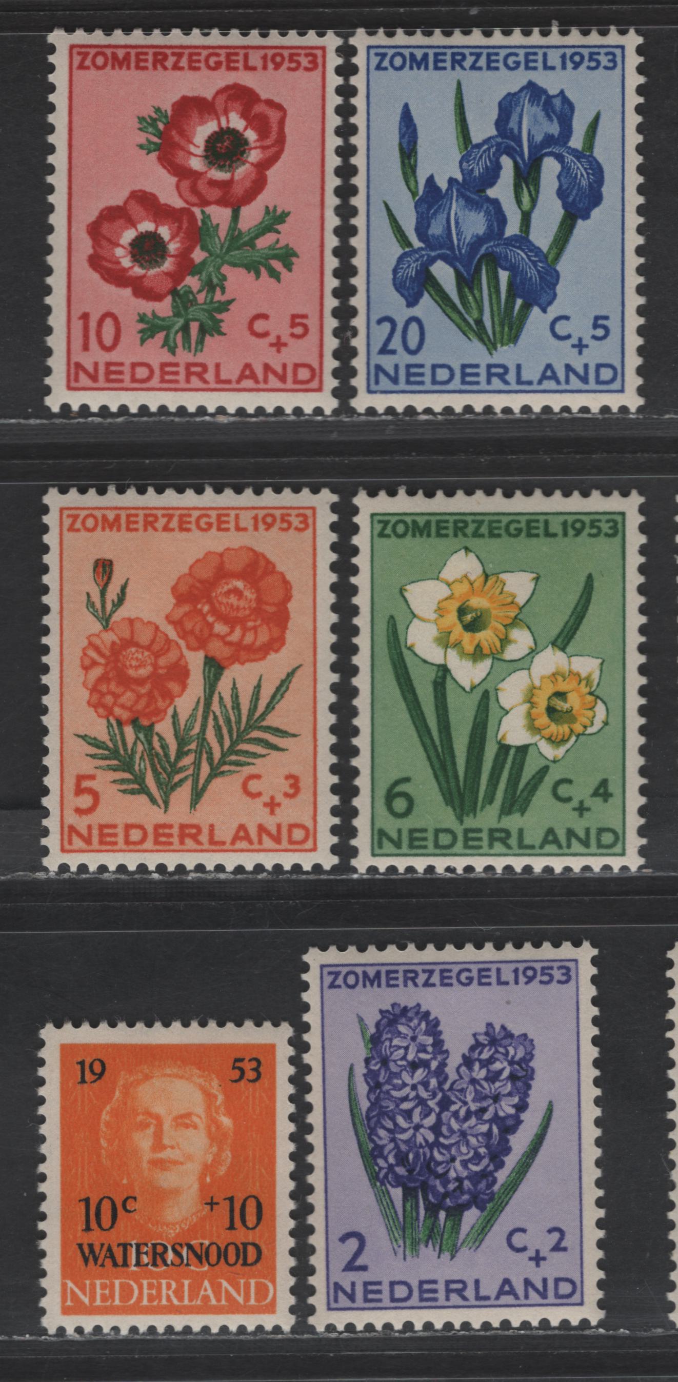 Lot 345 Netherlands SC#B248-B253 10c+10c - 20c+5c Orange Yellow - Deep Ultramarine & Green Queen Juliana Surcharged - Iris, 1953 Semi Postal Issues, 6 VFOG Singles