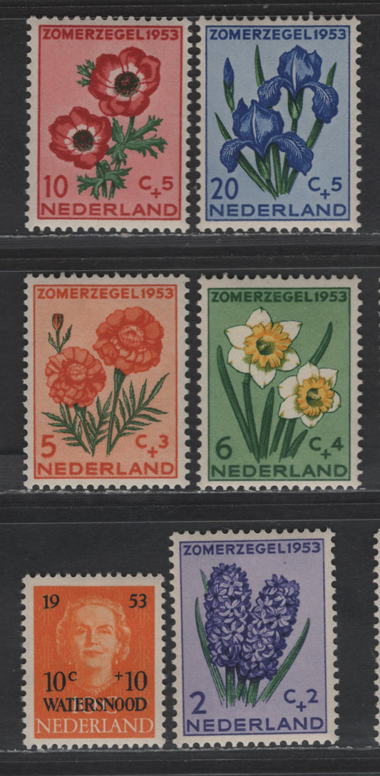 Lot 345 Netherlands SC#B248-B253 10c+10c - 20c+5c Orange Yellow - Deep Ultramarine & Green Queen Juliana Surcharged - Iris, 1953 Semi Postal Issues, 6 VFOG Singles