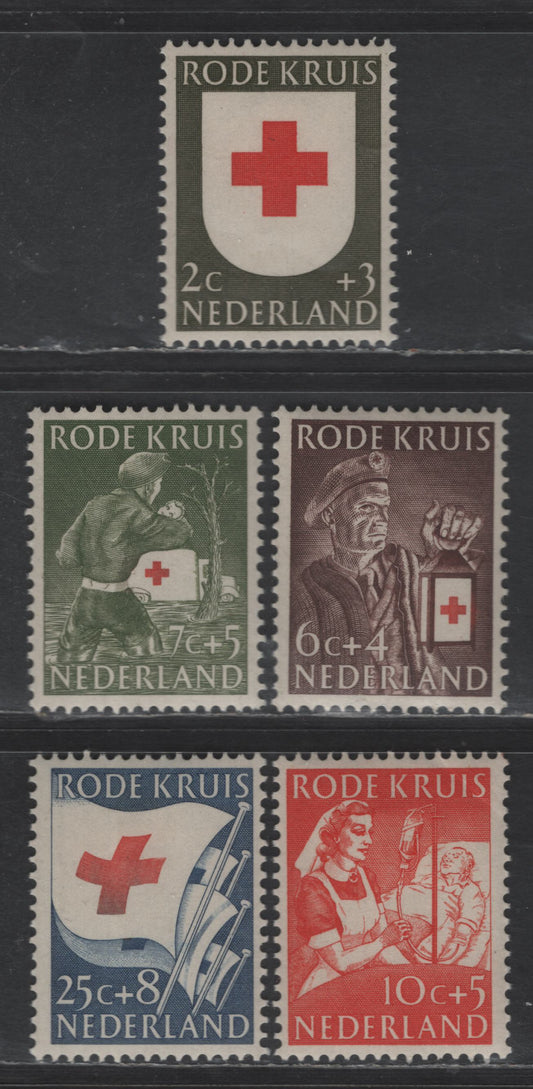 Lot 347 Netherlands SC#B254-B258 2c+3c - 25c+8c Dark Olive - Deep Blue Red Cross on Shield - Red Cross Flags, 1953 Semi Postal Issue, 5 VFOG Singles