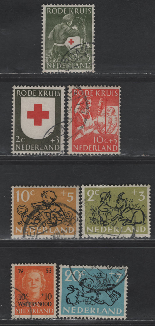 Lot 348 Netherlands SC#B243, B246-B248, B254, B256-B257 2c+3c - 10c+5c Olive - Red Girl & Dog - Nurse Giving Blood Transfusion, 1952-1953 Semi Postal Issues, 7 Very Fine Used Singles