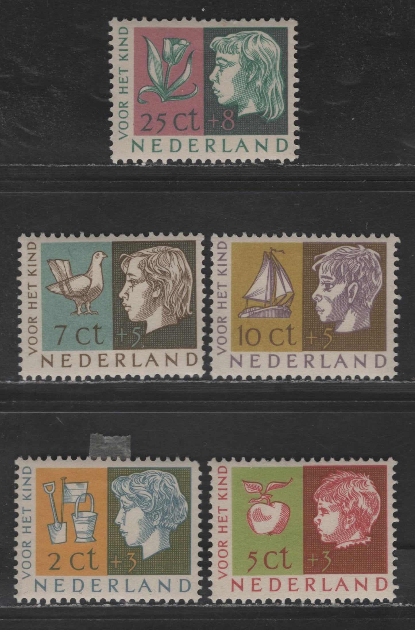 Lot 349 Netherlands SC#B259-B263 2c+3c - 25c+8c Yellow & Blue Gray - Pink & Blue Green Spade, Flag, Bucket & Girl's Head - Tulip, 1953 Semi Postal Issue, 5 VFOG Singles