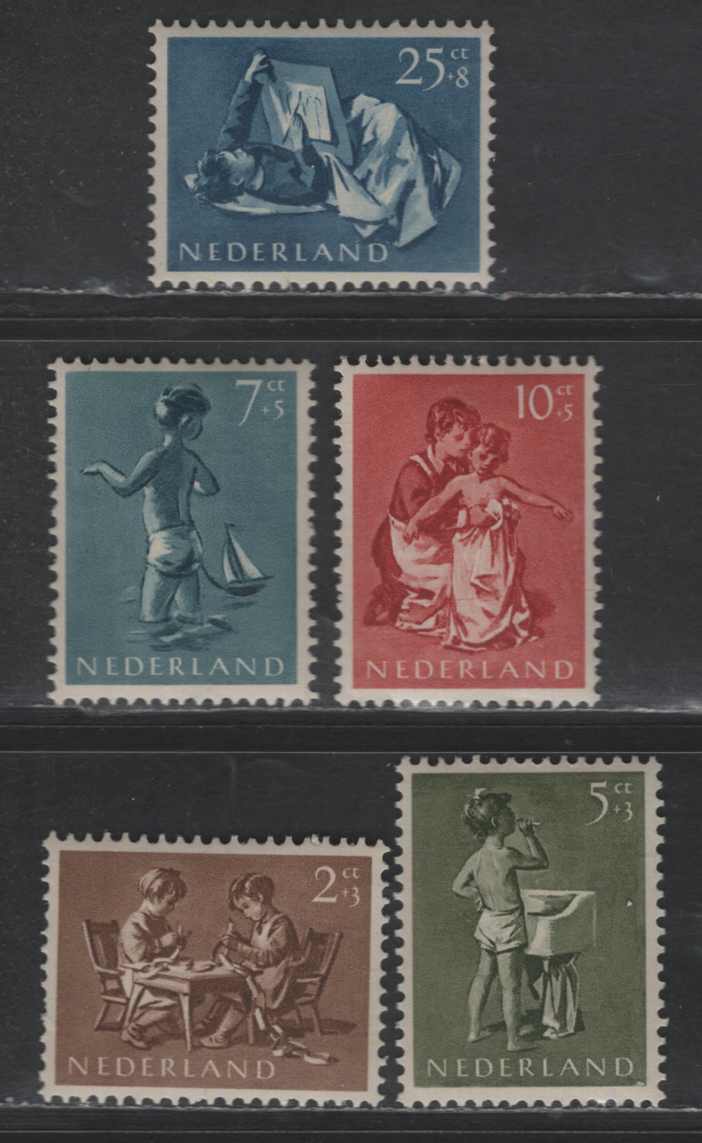 Lot 351 Netherlands SC#B271-B275 2c+3c - 25c+8c Brown - Deep Blue Children Making Paper Chains - Girl Brushing Teeth, 1954 Semi Postal Issue, 5 VFOG Singles