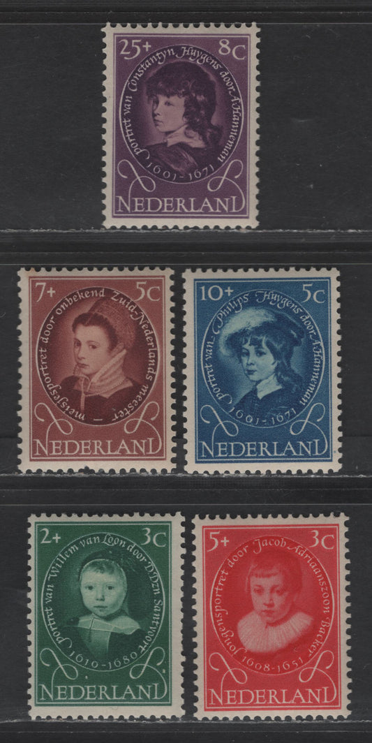 Lot 354 Netherlands SC#B286-B290 2c+3c - 25c+8c Dark Green - Purple Willem van Loon - Constantijn Huygens, 1955 Semi Postal Issue, 5 VFOG Singles