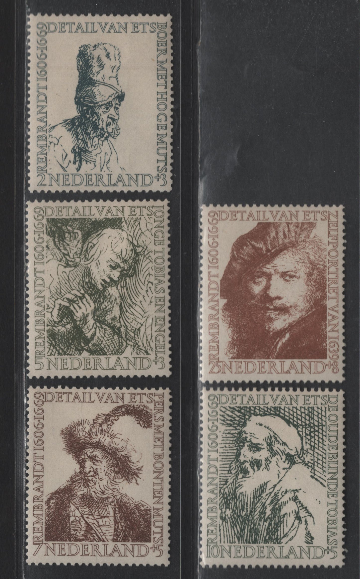 Lot 356 Netherlands SC#B291-B295 2c+3c - 25c+8c Bluish Black - Reddish Brown Farmer Wearing High Cap - Self Portrait of 1639, 1956 Semi Postal Issue, 5 VFOG Singles