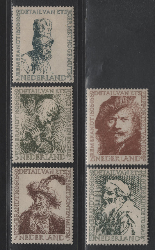 Lot 356 Netherlands SC#B291-B295 2c+3c - 25c+8c Bluish Black - Reddish Brown Farmer Wearing High Cap - Self Portrait of 1639, 1956 Semi Postal Issue, 5 VFOG Singles