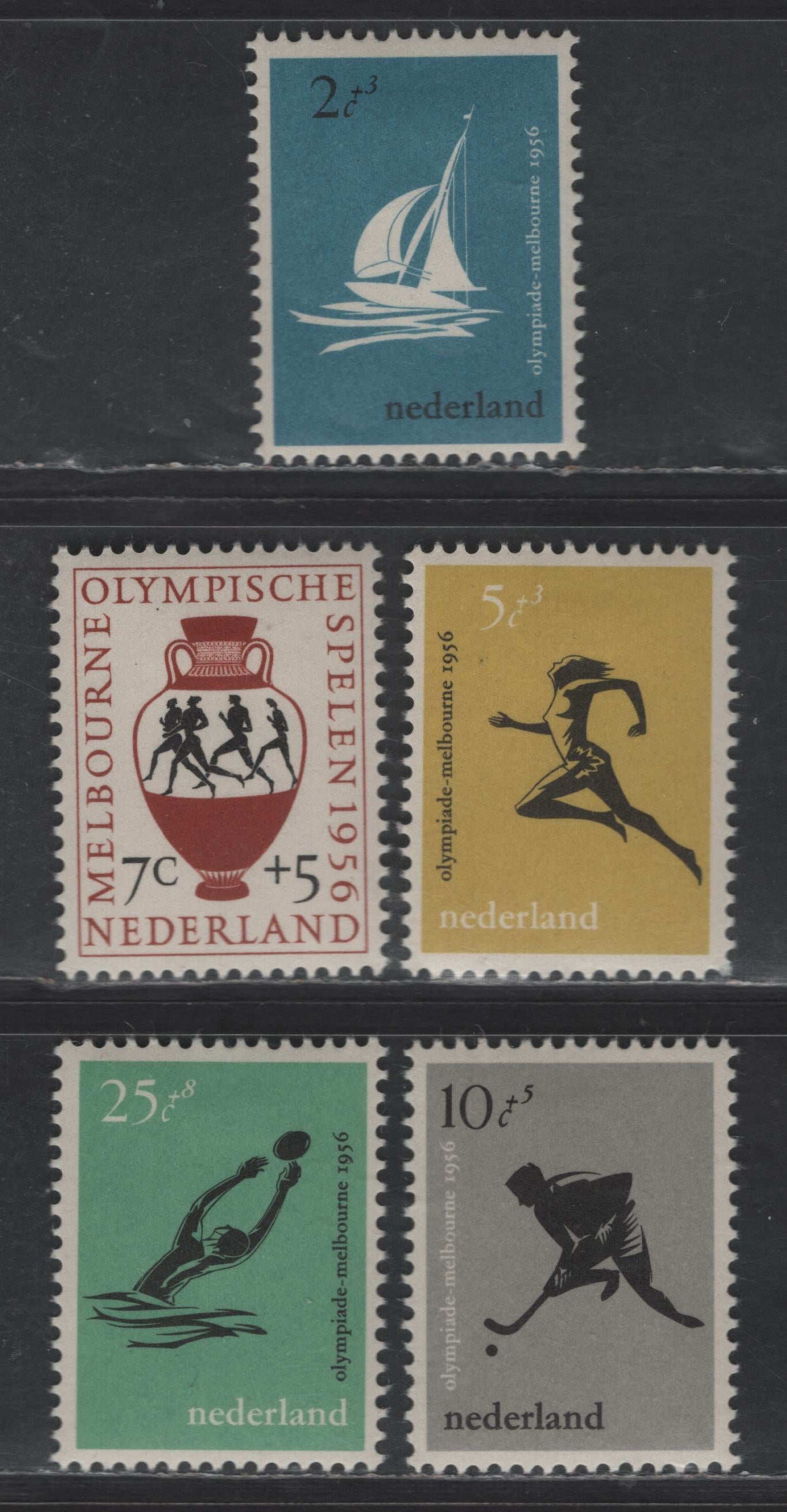 Lot 359 Netherlands SC#B296-B300 2c+3c - 25c+8c Bright Blue & Black Sailboat - Waterpolo Player, 1956 Semi Postal Issue, 5 VFOG Singles