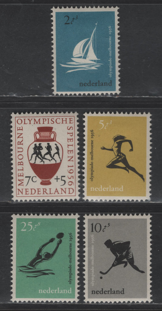 Lot 359 Netherlands SC#B296-B300 2c+3c - 25c+8c Bright Blue & Black Sailboat - Waterpolo Player, 1956 Semi Postal Issue, 5 VFOG Singles