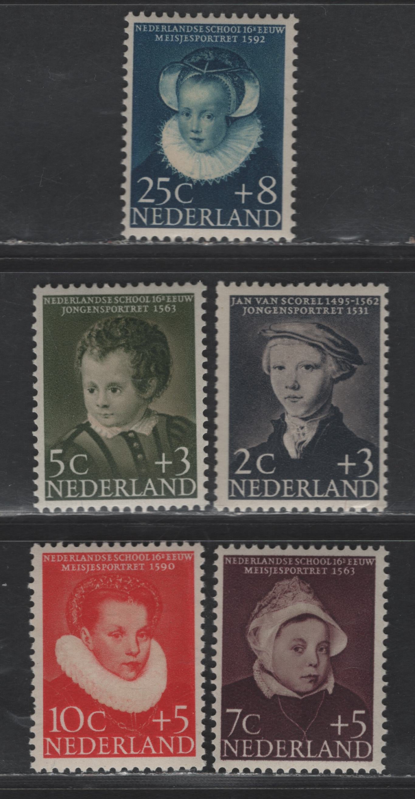 Lot 360 Netherlands SC#B301-B305 2c+3c - 25c+8c Black Violet - Dark Blue Boy by Jan van Screl - Eechie Pieters, 1956 Semi Postal Issue, 5 VFOG Singles